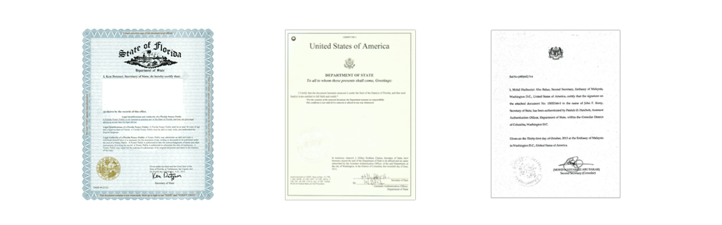 Florida Notary Public certification document, featuring the state seal and signature of Ken Detzner, Secretary of State, authenticating notarial qualifications.